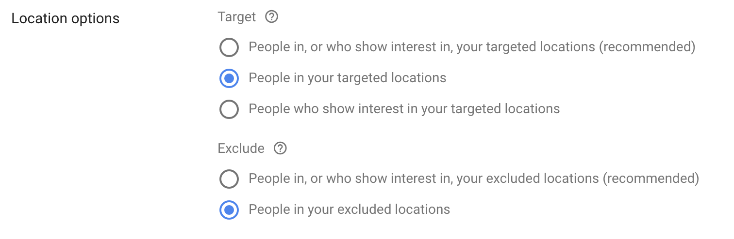 A screenshot of Google Ads “location options” campaign settings