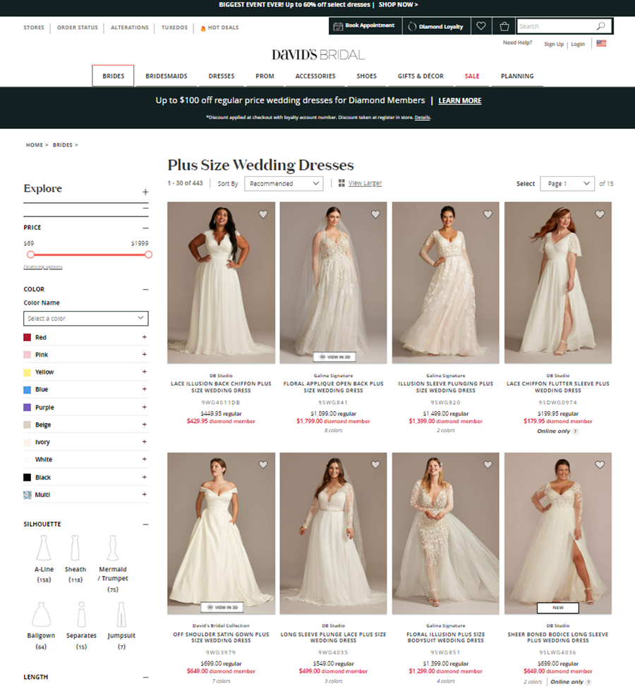 David's Bridal Plus Size Wedding Dress Category Page