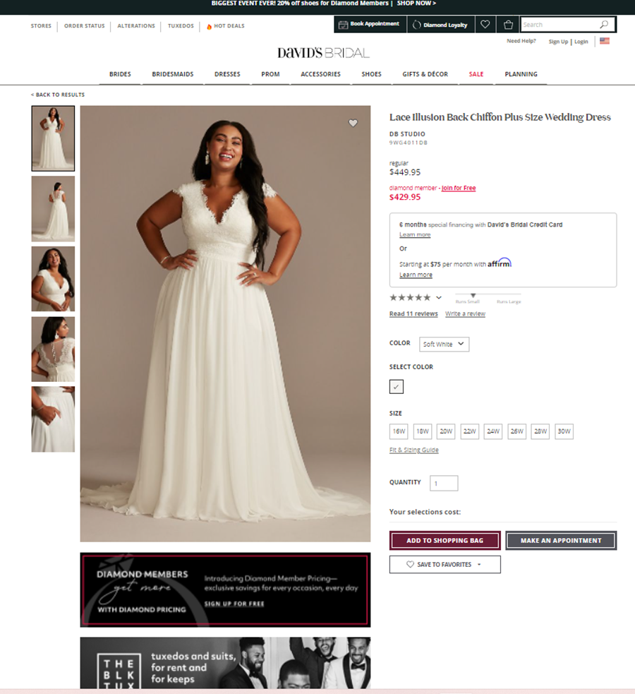 David's Bridal Plus Size Wedding Dress Product Page