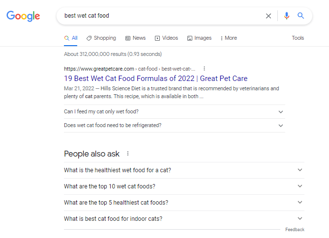 Google Search results for “best wet cat food,” with a natural organic result appearing first