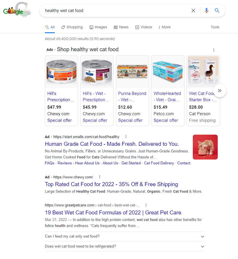 Google Search results for “healthy wet cat food,” with Shopping Ads taking up the first place in the SERP