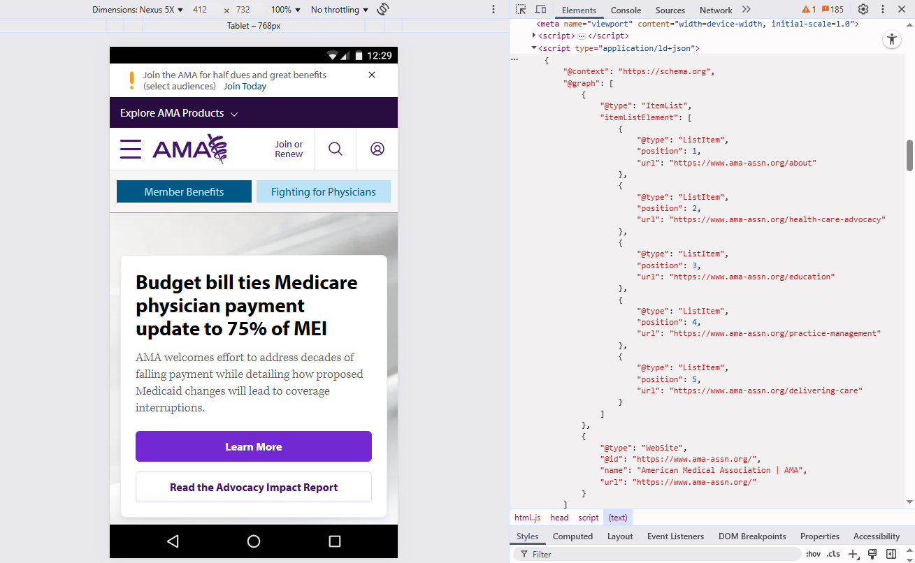 example of hardcoded schema on American Medical Association site