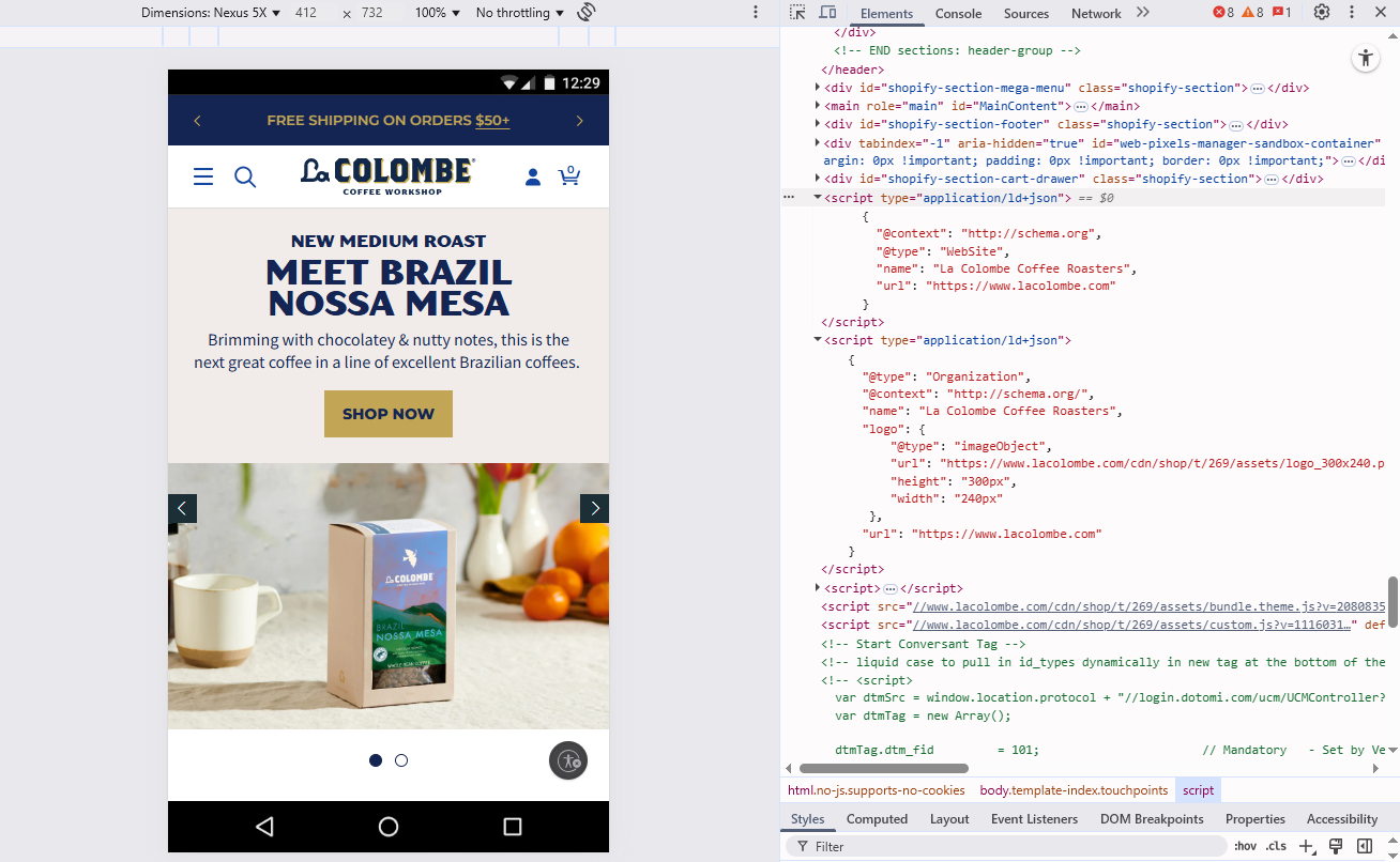 Example of Schema Injection via Shopify on La Colombe site