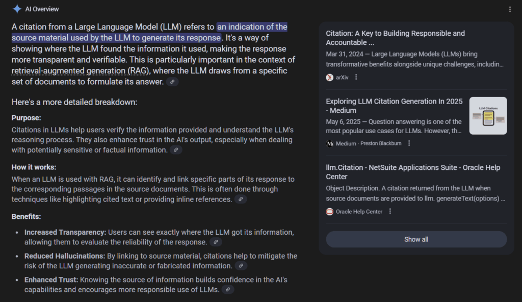An AI Overview for the search "what is a citation from an LLM"